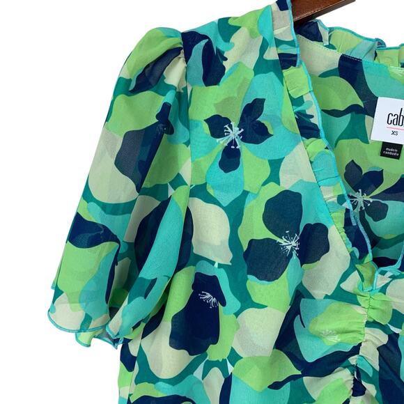 Cabi Trixie Top Blouse Green Blue Floral Short Puff Sleeves 6087 Women's XS - Picture 4 of 7